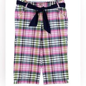 Land’s End Women’s Crop Capri Pants Plaid Relaxed Tie Belt Expandable size 16